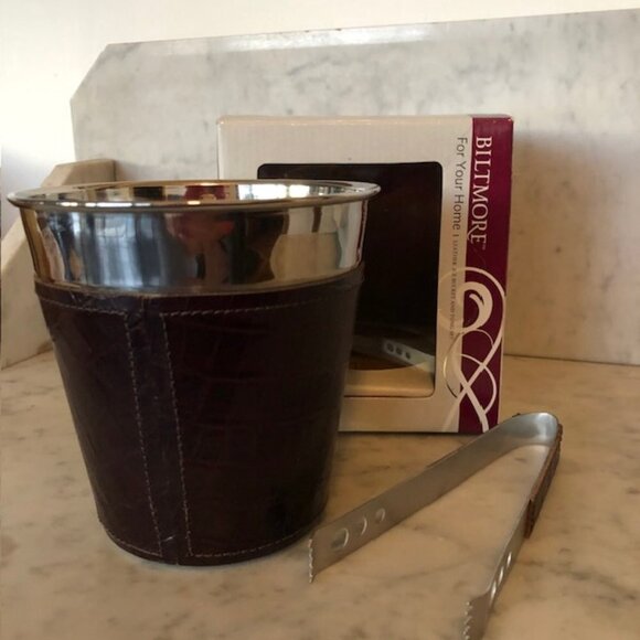 BILTMORE Leather Wrapped Ice Bucket with Ice Tongs Set - Picture 2 of 13